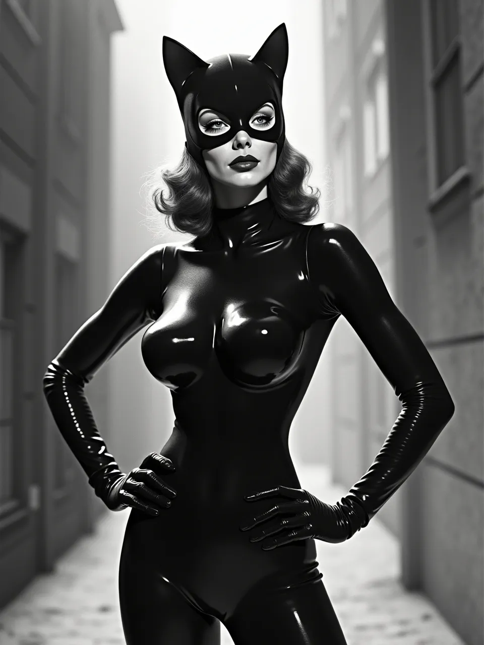 Frank McCarthy's dynamic influence shines in this Catwoman digital art, featuring dramatic lighting and incredibly glossy latex textures. A monochrome masterpiece of superhero illustration.
