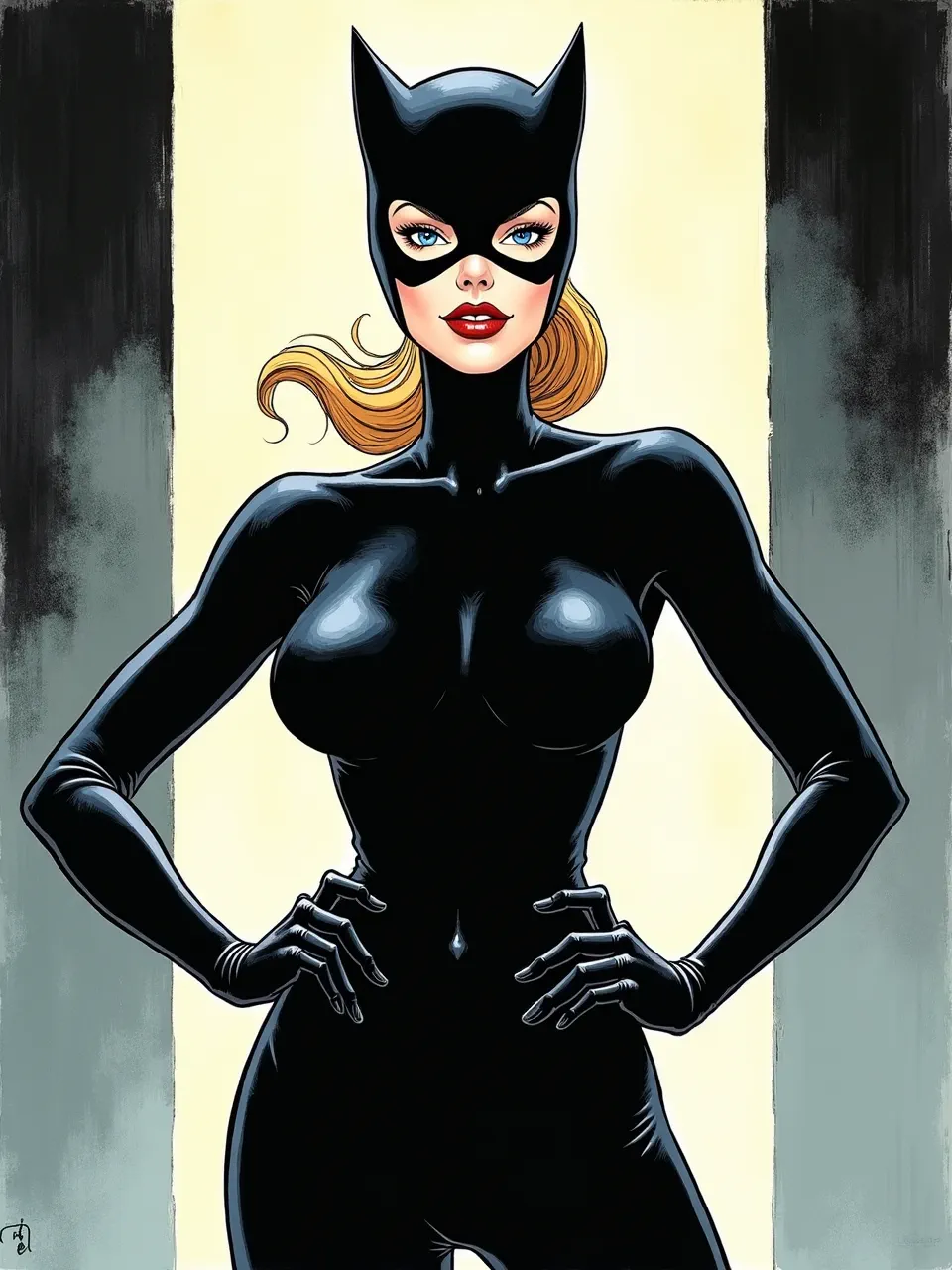 This striking Flux AI image presents Catwoman in the gritty style of Frank Miller. Dramatic high-contrast lighting accentuates the glossy suit's textures, captured through vibrant digital comic illustration.