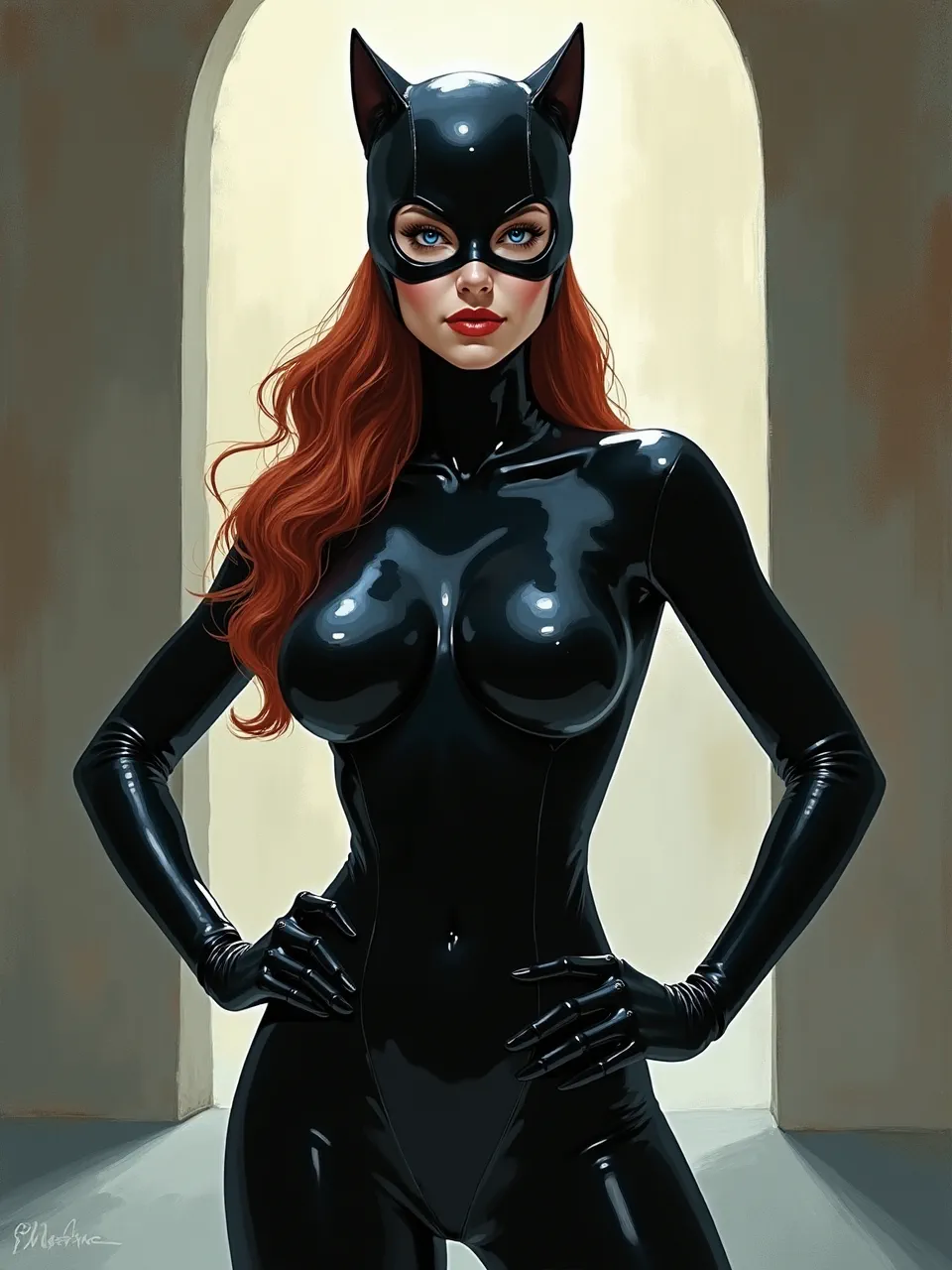 This Frank Quitely-style Catwoman features dramatic lighting emphasizing sleek, reflective latex textures, rendered beautifully in a modern digital comic art medium.