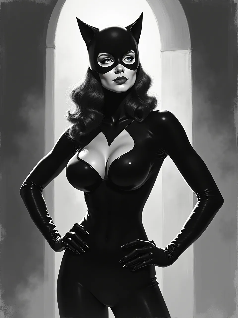 This Franklin Booth-inspired Catwoman image boasts dramatic lighting, lustrous latex textures, and intricate linework, capturing a classic black-and-white ink illustration style with stark contrast.