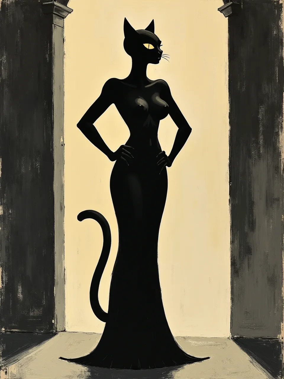 This Frans Masereel-inspired Catwoman features dramatic silhouette lighting and rough textures. The stark woodcut aesthetic, a powerful graphic art medium, uses bold black forms for striking contrast.