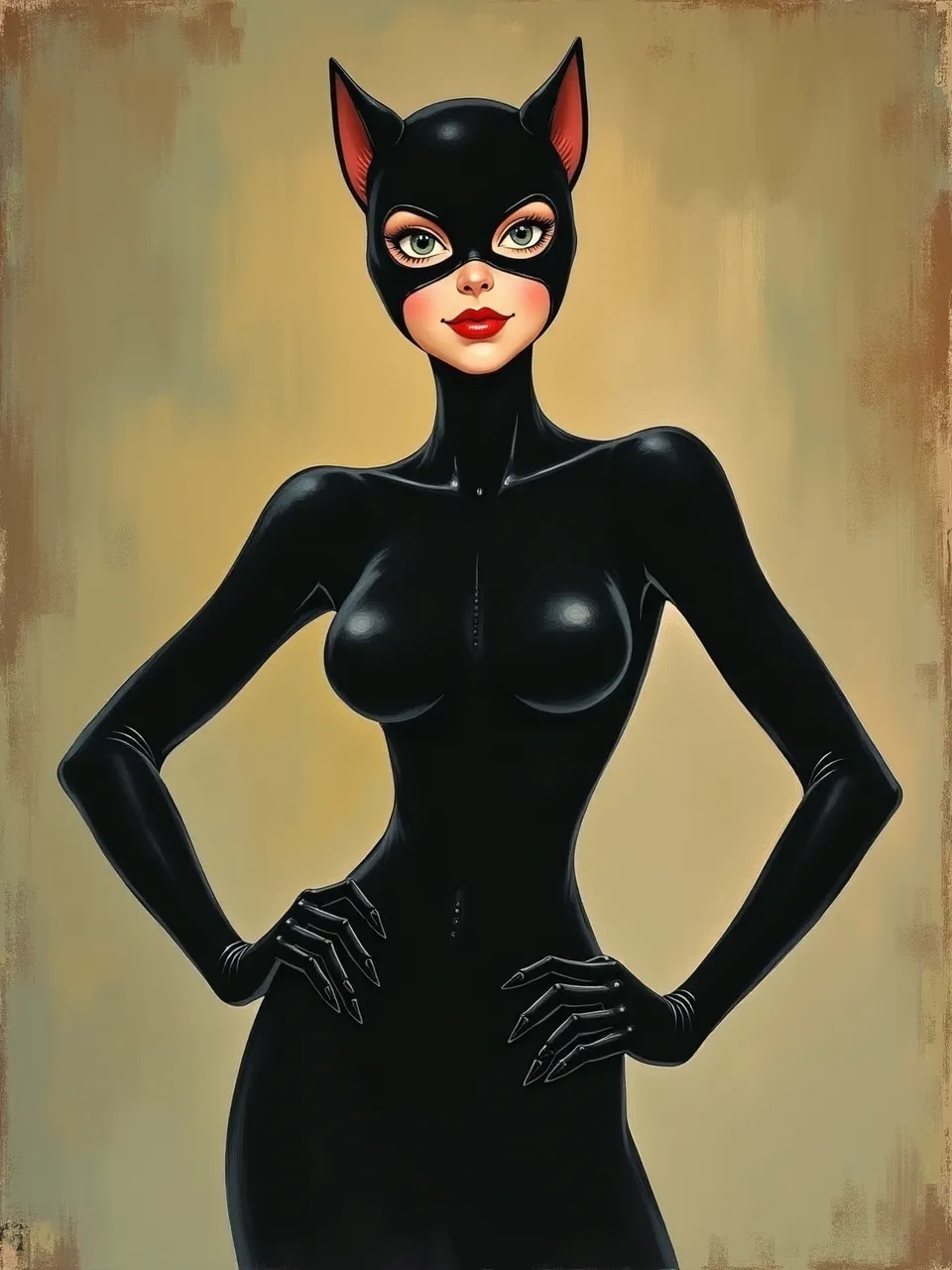 This captivating Fred Calleri Catwoman portrait utilizes dramatic lighting to highlight glossy suit textures and vibrant facial features on a rich, textured oil painting canvas medium.