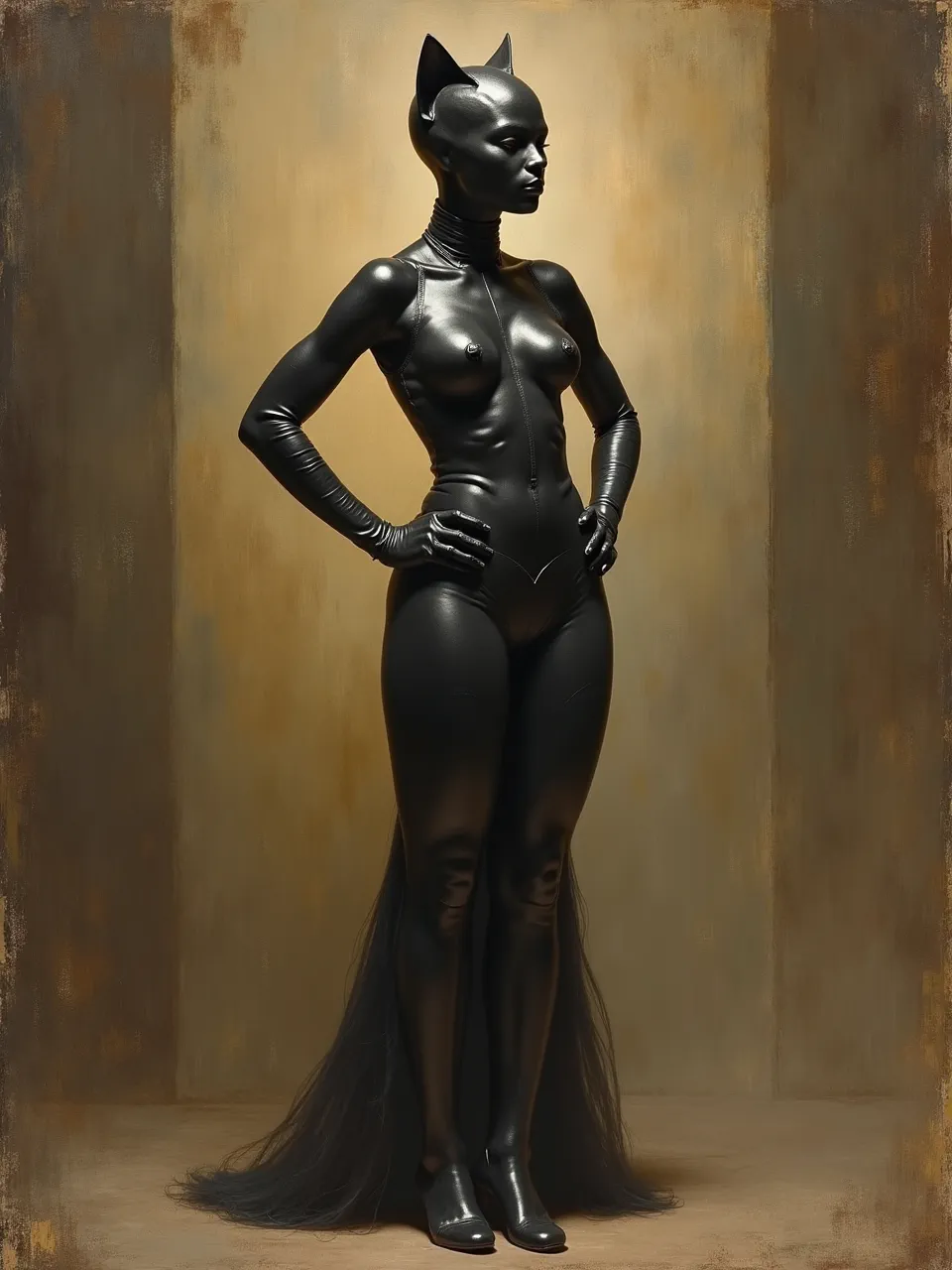 This Frederic Edwin Church-style Catwoman AI oil painting masterfully employs dramatic lighting to highlight the sleek, reflective latex textures, rendered with classic painterly brushstrokes for a unique aesthetic.