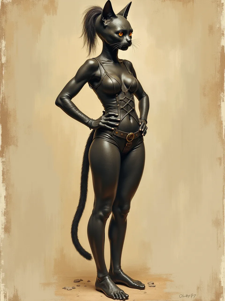 This Frederick McCubbin-inspired Catwoman generation boasts soft, diffused lighting. Richly textured leather and fur evoke a painterly aesthetic, expertly capturing the Australian Impressionist's distinctive artistic medium.
