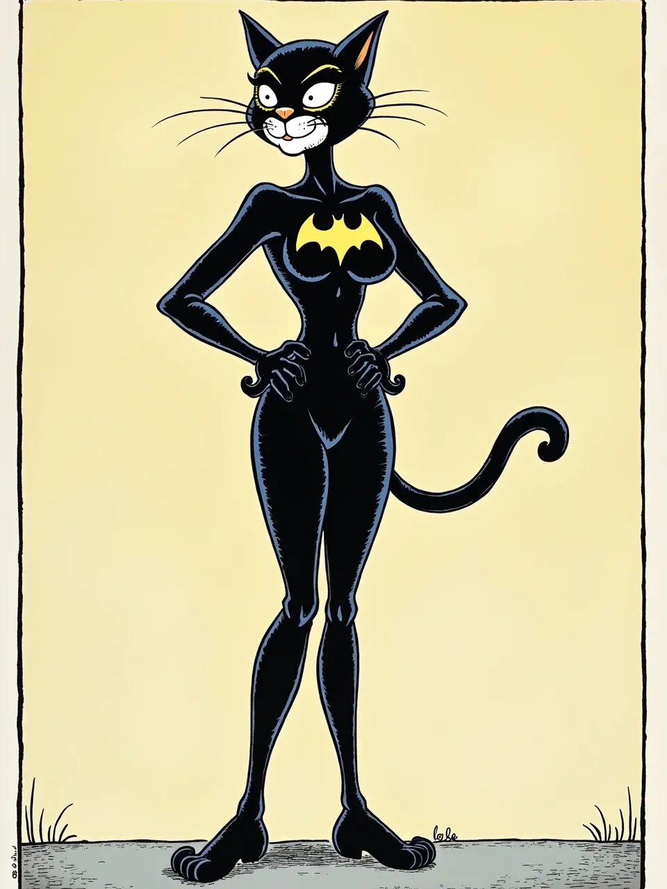 This Flux AI image features Catwoman rendered in Gary Larson's distinct pen-and-ink style. Subtle, flat lighting reveals glossy suit textures in this classic comic art medium.