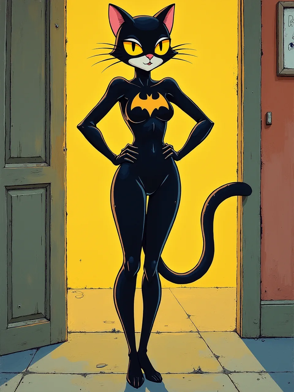 This Flux AI Catwoman generation embodies Gary Panter's bold style, featuring striking graphic lighting and flat, vibrant digital illustration textures. An iconic, punk-infused interpretation.