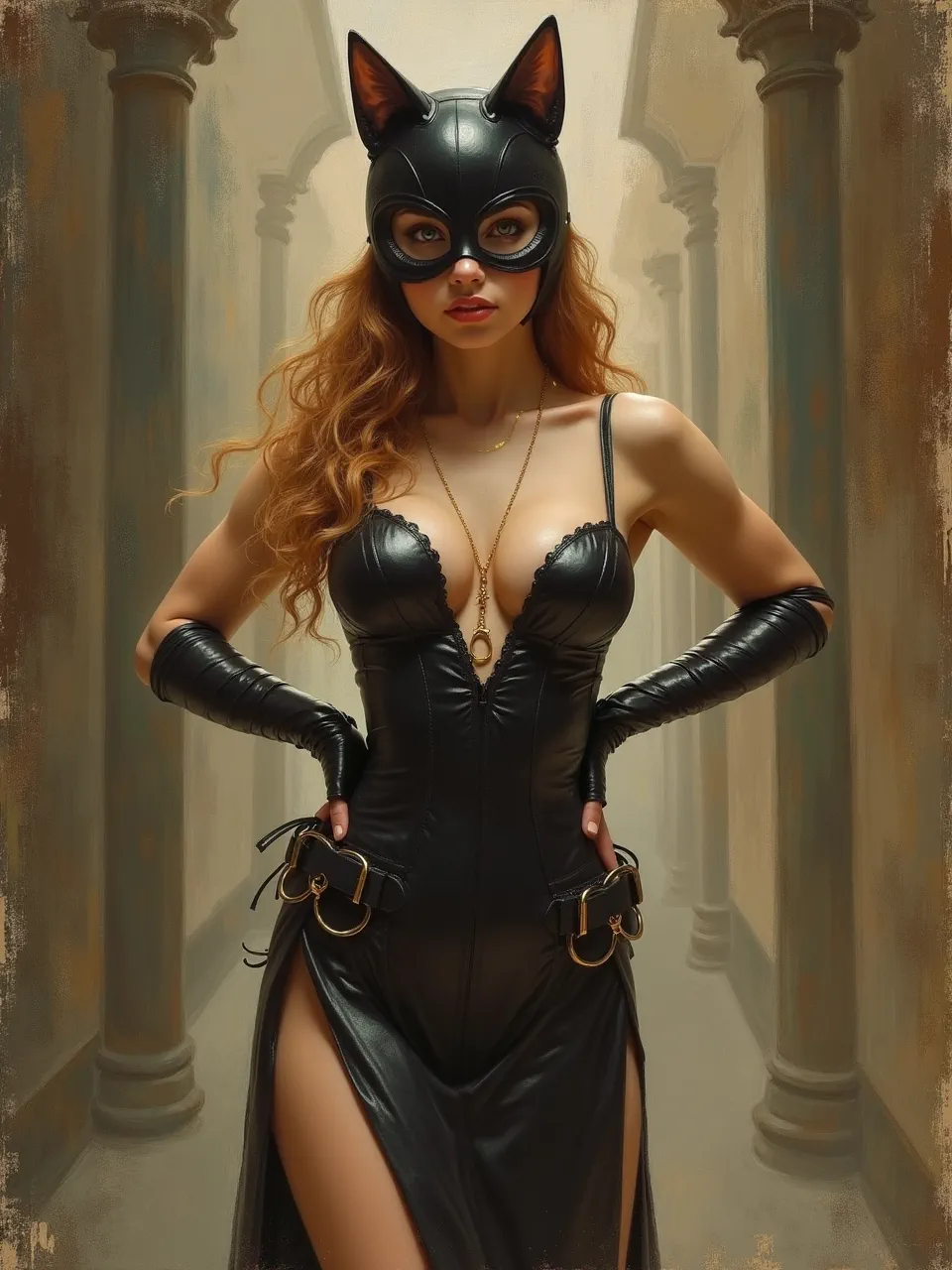 This striking Catwoman AI generation, inspired by Gaston Bussiere's art, features dramatic lighting, richly detailed leather textures, and a masterfully applied painterly oil medium, creating an evocative fantasy.