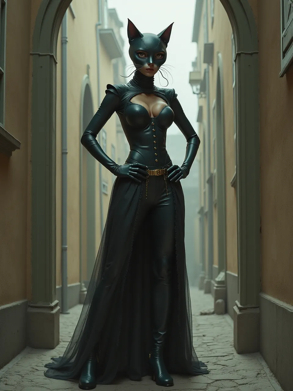 This stunning Catwoman rendition by Gediminas Pranckevicius features atmospheric lighting, rich leather and sheer fabric textures, masterfully rendered as captivating digital art.