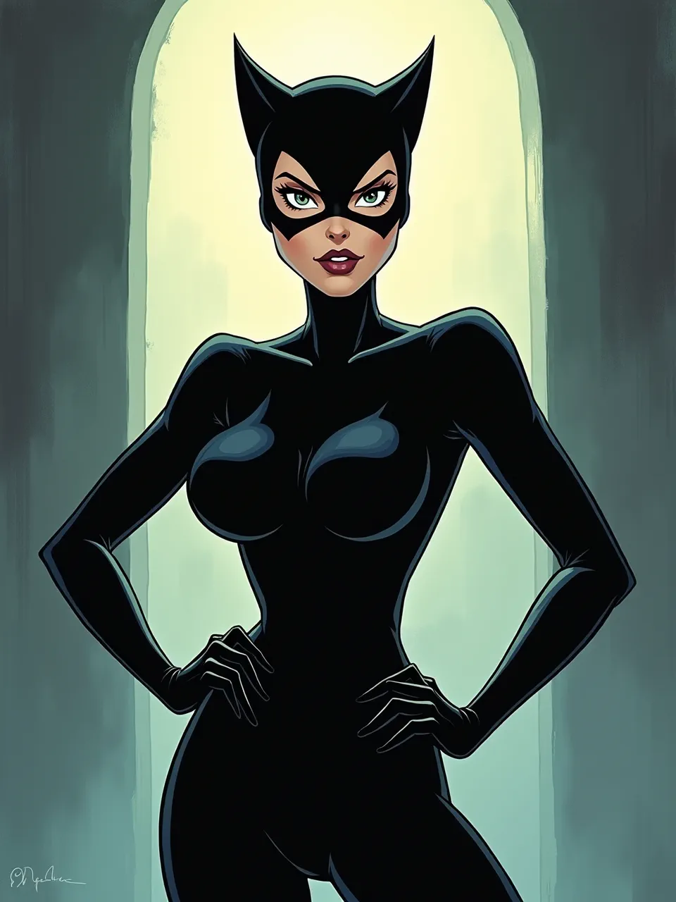 This Genndy Tartakovsky Catwoman captivates with dramatic backlighting, emphasizing glossy textures and sharp digital illustration. A stunning animation-style artwork for collectors.