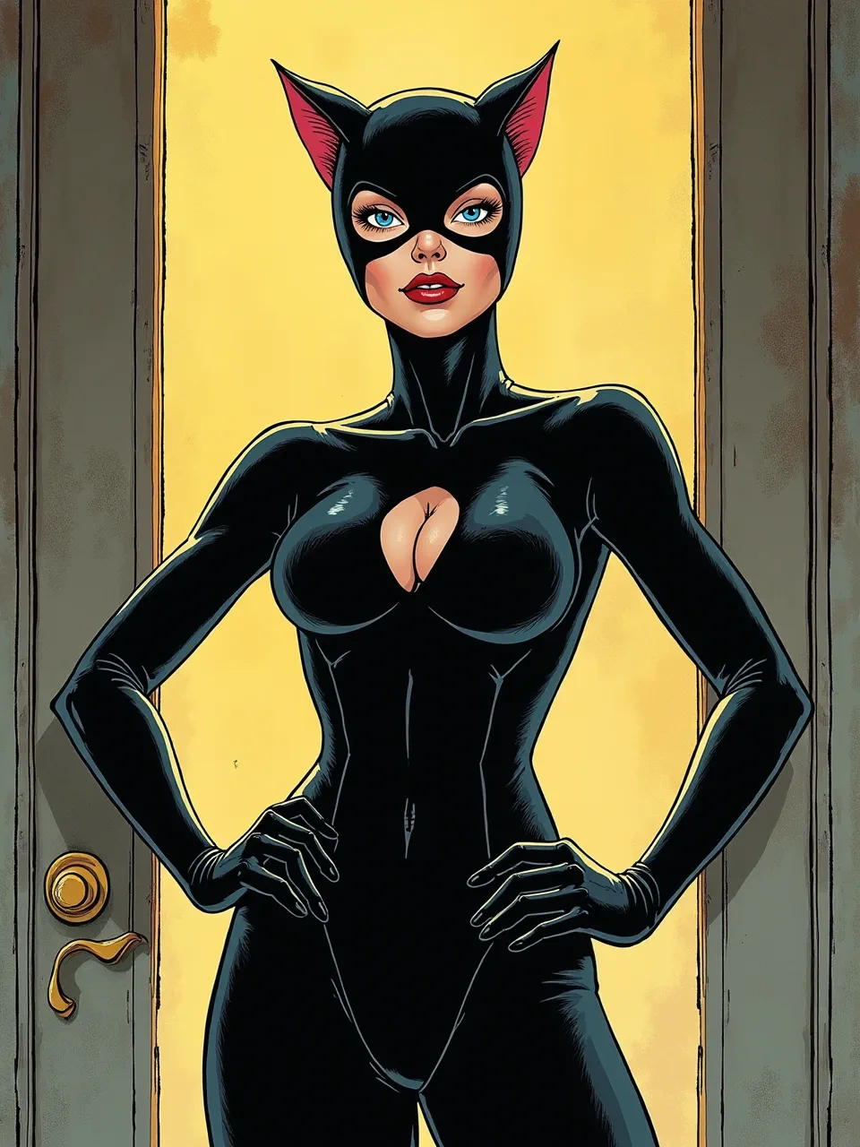 This vivid Catwoman artwork, in a Geof Darrow-inspired style, features dramatic backlighting, glossy suit textures, and bold digital comic illustration, enhancing her iconic allure.