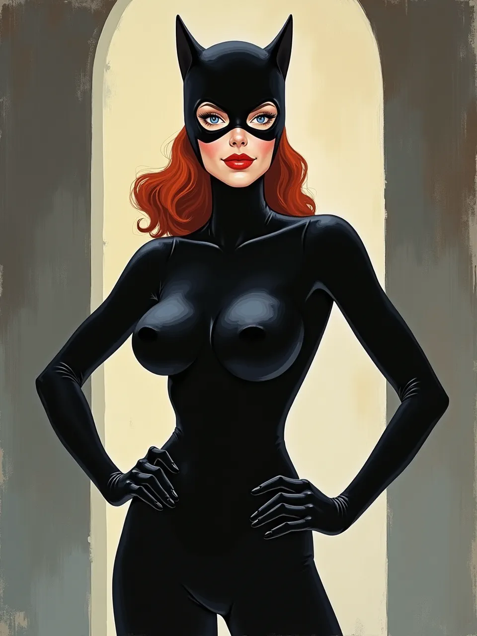 This AI Catwoman, in George Ault's style, showcases stark lighting accentuating sleek textures. A digital oil painting masterfully blends precisionist artistry with this iconic character's allure.