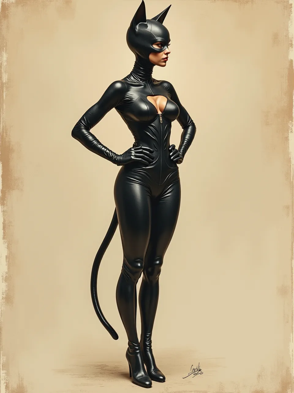 Dynamic Catwoman, a George B. Bridgman-inspired AI creation. Dramatic lighting illuminates glistening, taut leather textures. This masterful digital painting showcases anatomical precision and volumetric form.