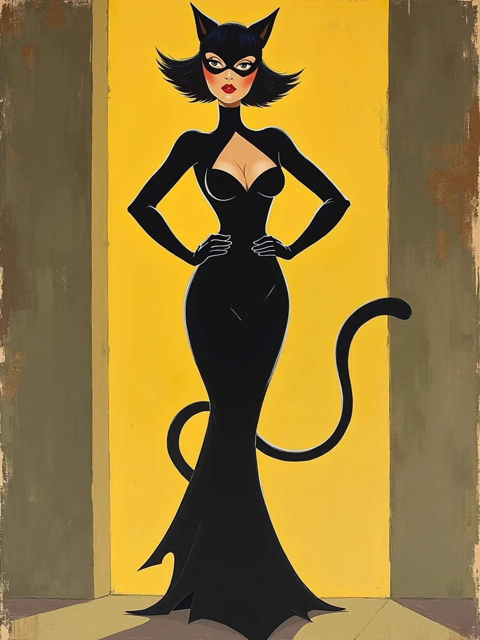 This vibrant George Barbier Catwoman illustration highlights dramatic flat lighting, sleek costume textures, and an exquisite Art Deco gouache aesthetic. A captivating modern classic.