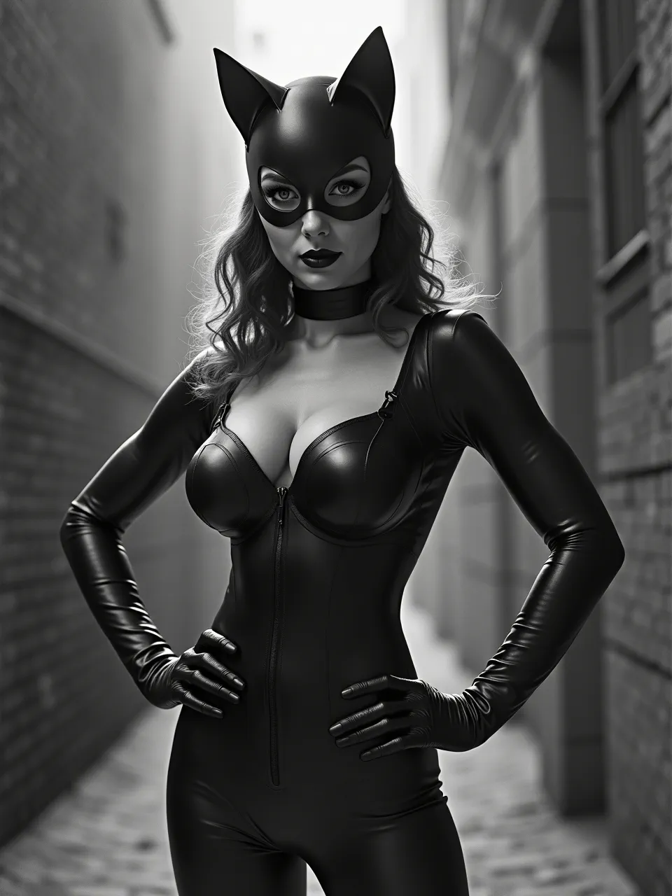 This George Bellows-style Catwoman art features dramatic noir monochromatic lighting, emphasizing sleek leather textures amidst a gritty urban setting, evoking classic lithographic prints.