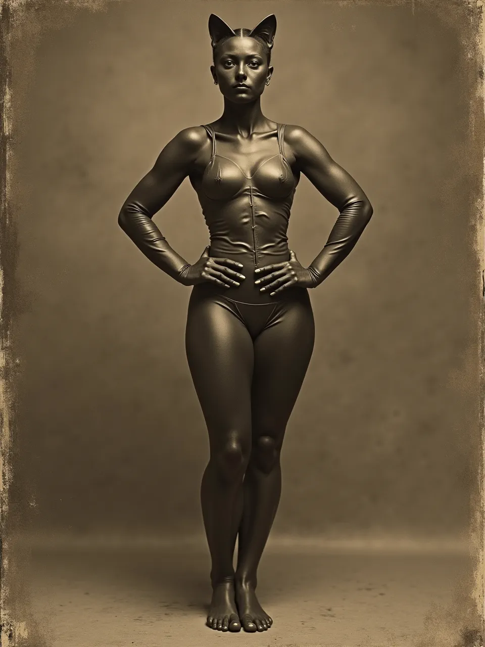 This Flux AI image portrays Catwoman in a George Frederic Watts style oil portrait, showcasing masterful chiaroscuro lighting. Rich, lustrous textures define her suit and skin, evoking classical artistry.