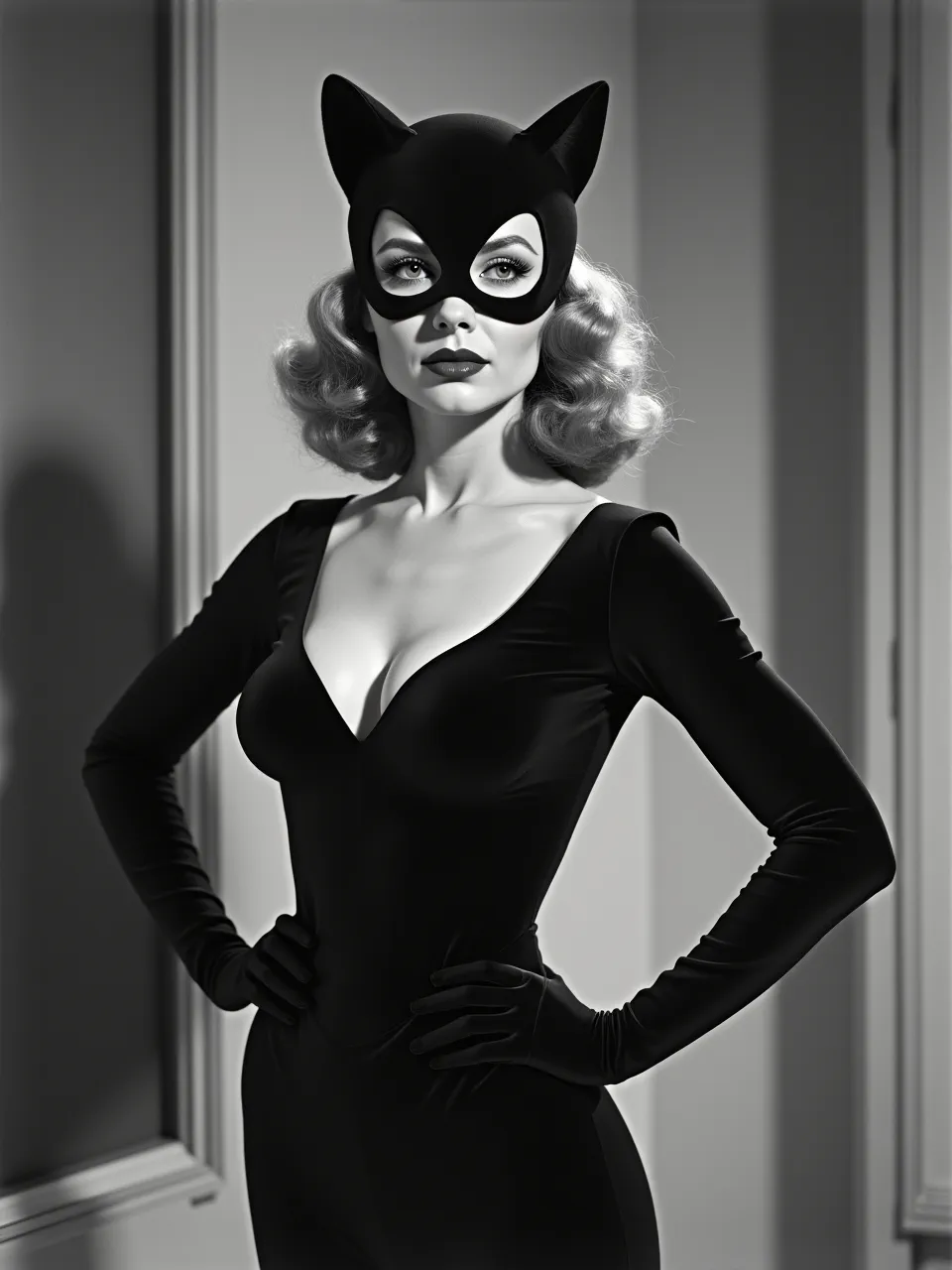 This captivating AI Catwoman generation deeply echoes George Hurrell's black and white glamour photography. Dramatic lighting accentuates sleek textures, defining this classic artistic medium.
