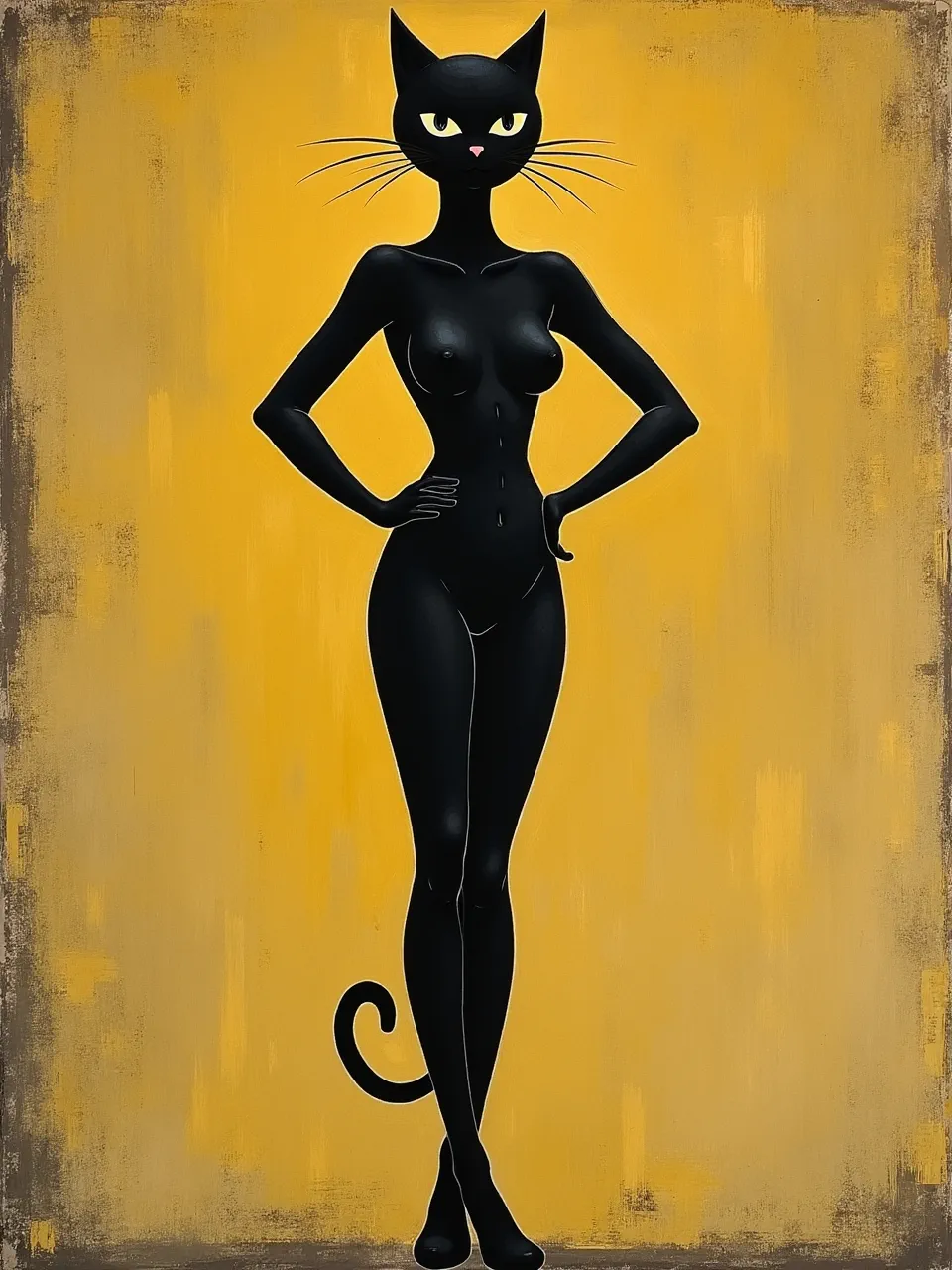 Flux AI reimagines Catwoman in a Georges Seurat-esque digital painting. Stark lighting illuminates a smooth black silhouette against a vibrant, textured yellow canvas, an artistic medium fusion.