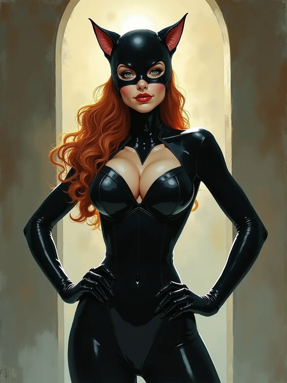 This stunning Catwoman digital painting, in a Gerald Brom-inspired style, features dramatic backlighting illuminating sleek, glossy latex textures and vibrant hair, an exquisite AI artistic masterpiece.