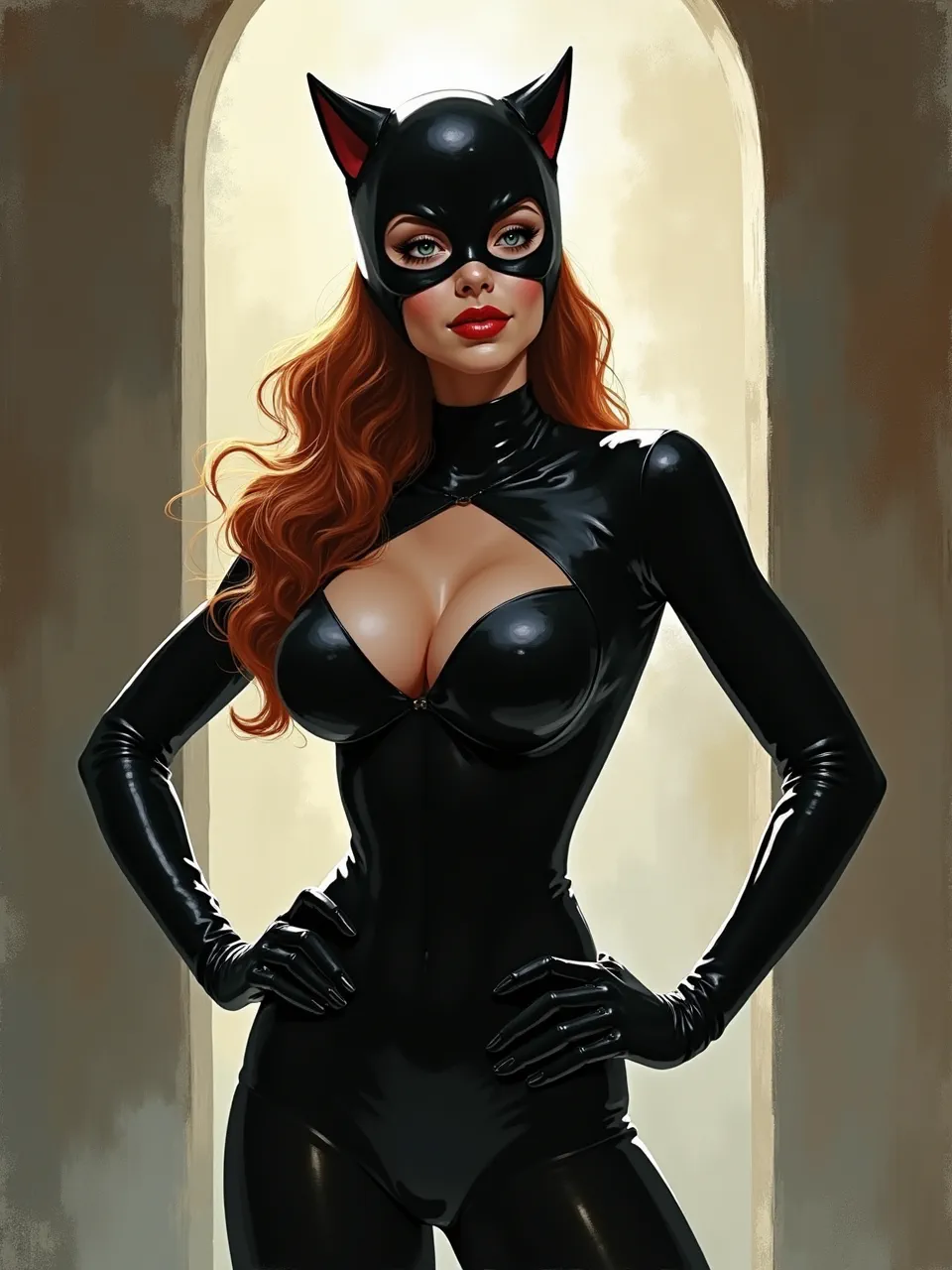 This AI Gerald Parel artwork captures Catwoman's allure through dramatic digital lighting and brilliant reflections on her glossy catsuit's textures, a captivating artistic medium.