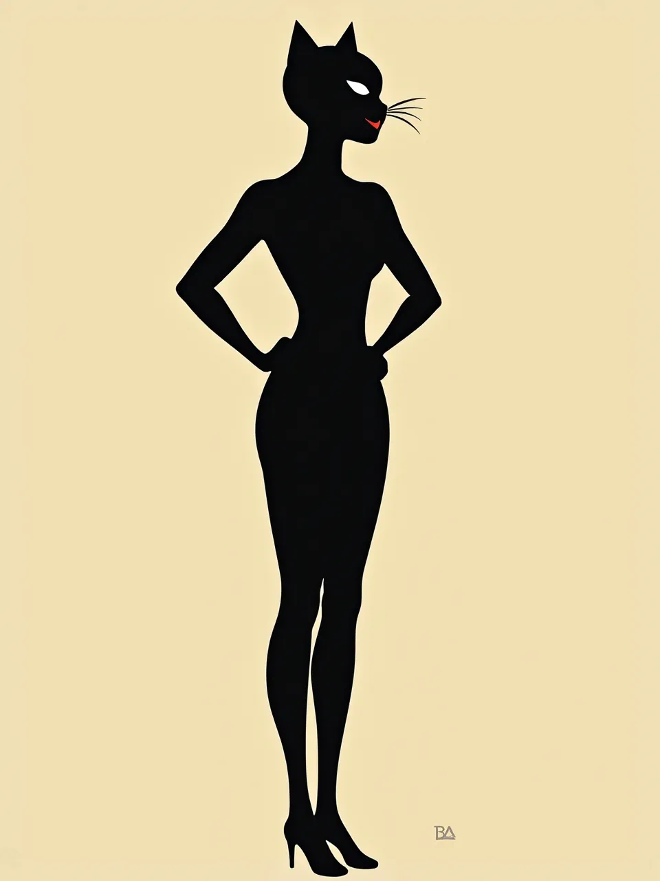 This iconic Catwoman silhouette, in true Gerd Arntz minimalist style, features absent lighting and smooth, graphic design textures. A stark, high-contrast digital illustration.