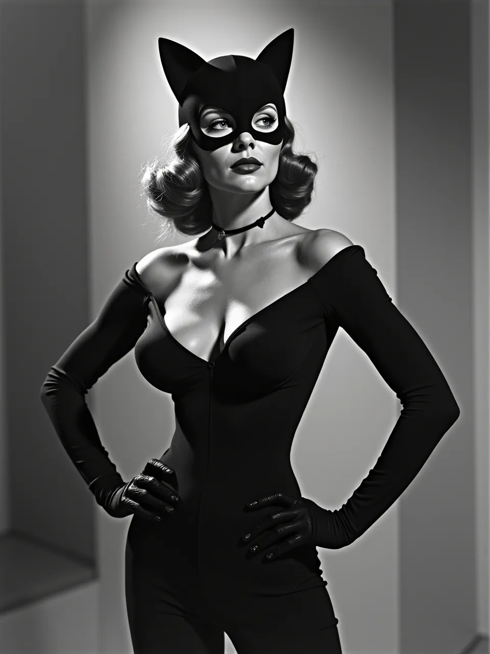 This iconic Catwoman portrait, inspired by Germaine Krull, utilizes dramatic black-and-white lighting. It sculpts luxurious skin and sleek costume textures, embodying a vintage photographic noir aesthetic.