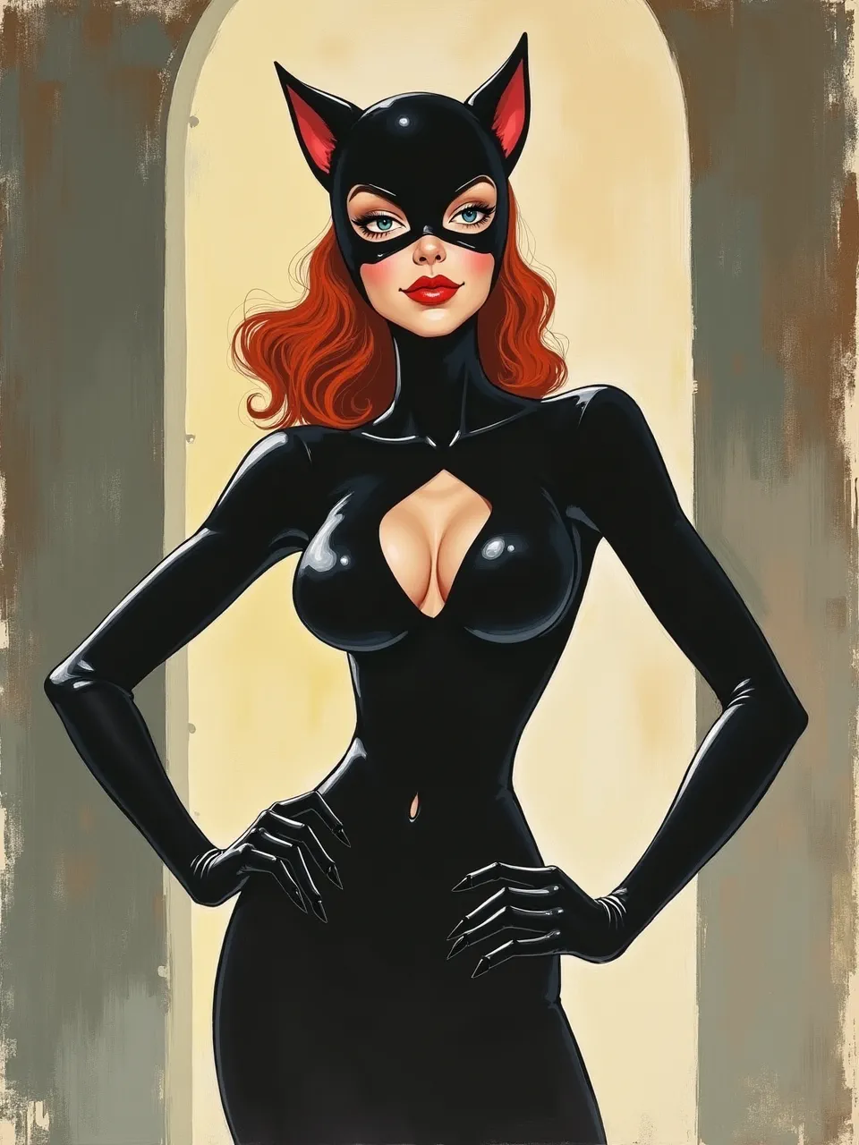 This vibrant Catwoman, generated in Gifford Beal's style, features dramatic lighting emphasizing glossy latex textures. An exquisite digital painting, it masterfully blends classical artistry with modern, painterly brushwork.