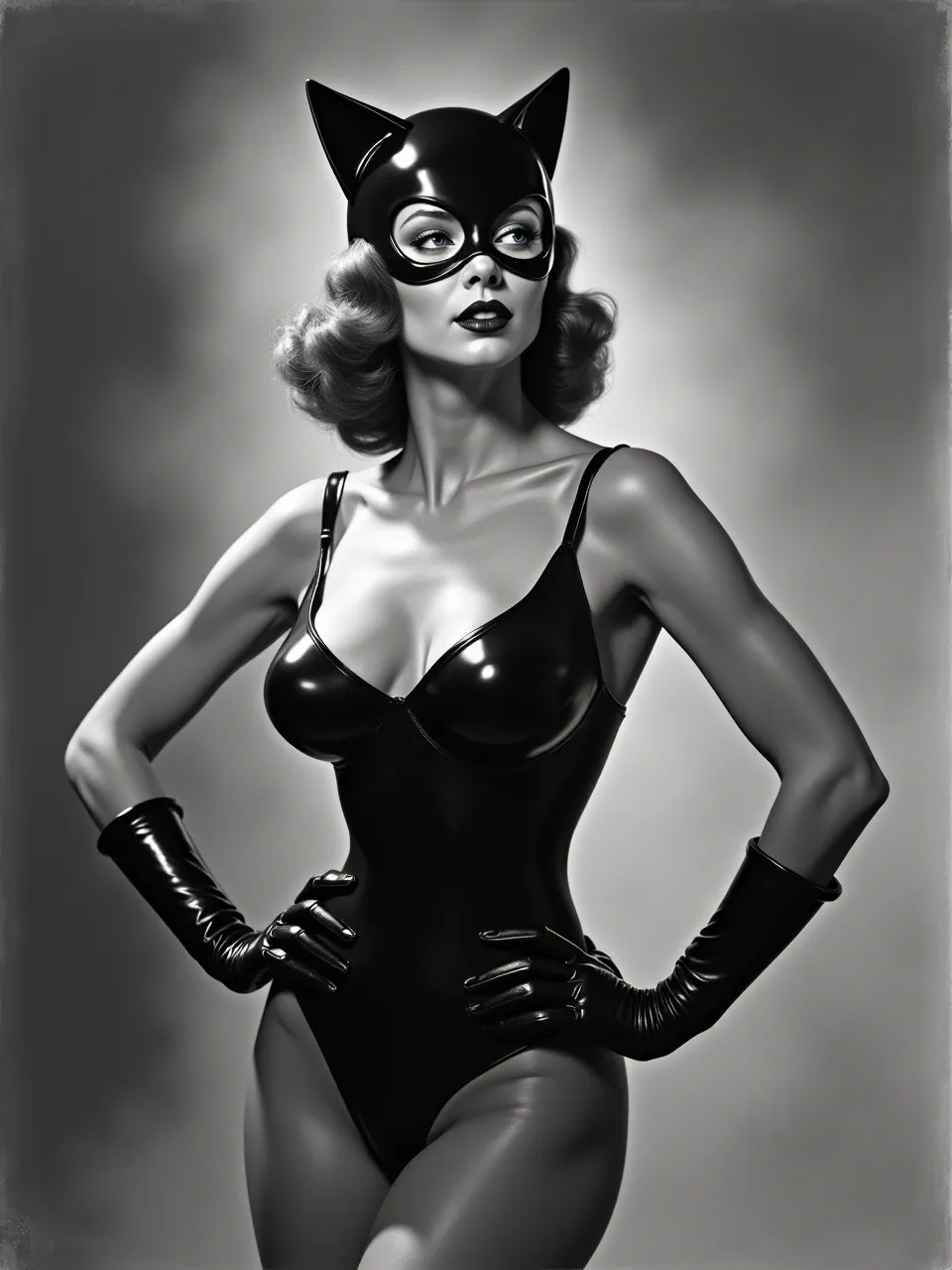 Experience Catwoman reimagined in Gil Elvgren's iconic style! Dramatic lighting highlights glossy textures in this stunning black-and-white artistic medium, capturing vintage pin-up illustration essence.