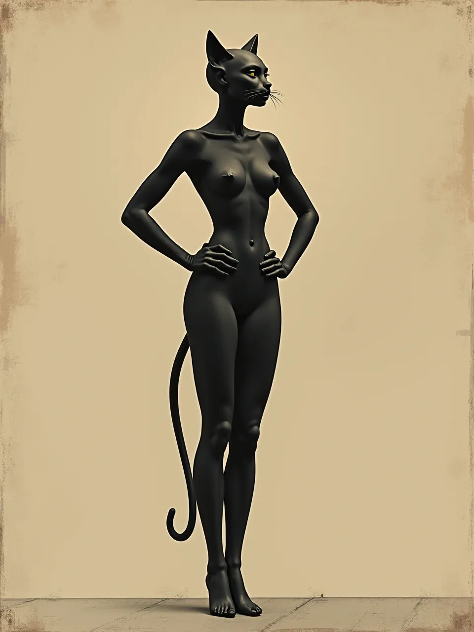 This Flux AI image, inspired by Giorgio Morandi, depicts Catwoman as a sleek, dark form. Subtle lighting renders matte textures and muted tones, creating a sculptural, timeless digital oil painting.