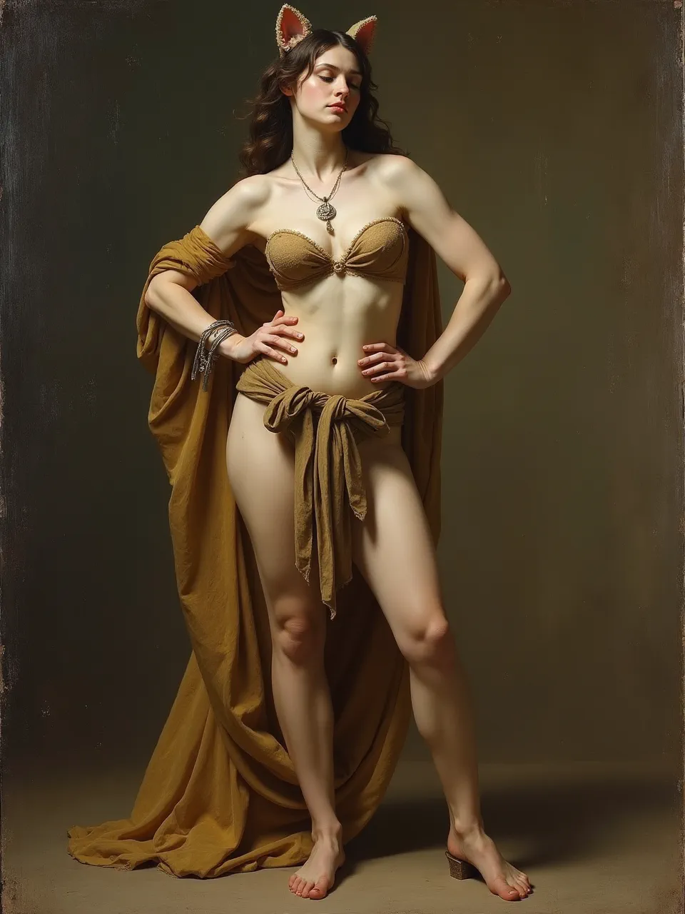 This stunning Flux AI "Catwoman" generation, echoing Giovanni Tiepolo's style, showcases dramatic lighting, rich fabric textures, and classical oil painting artistry, an exquisite digital Baroque masterpiece.