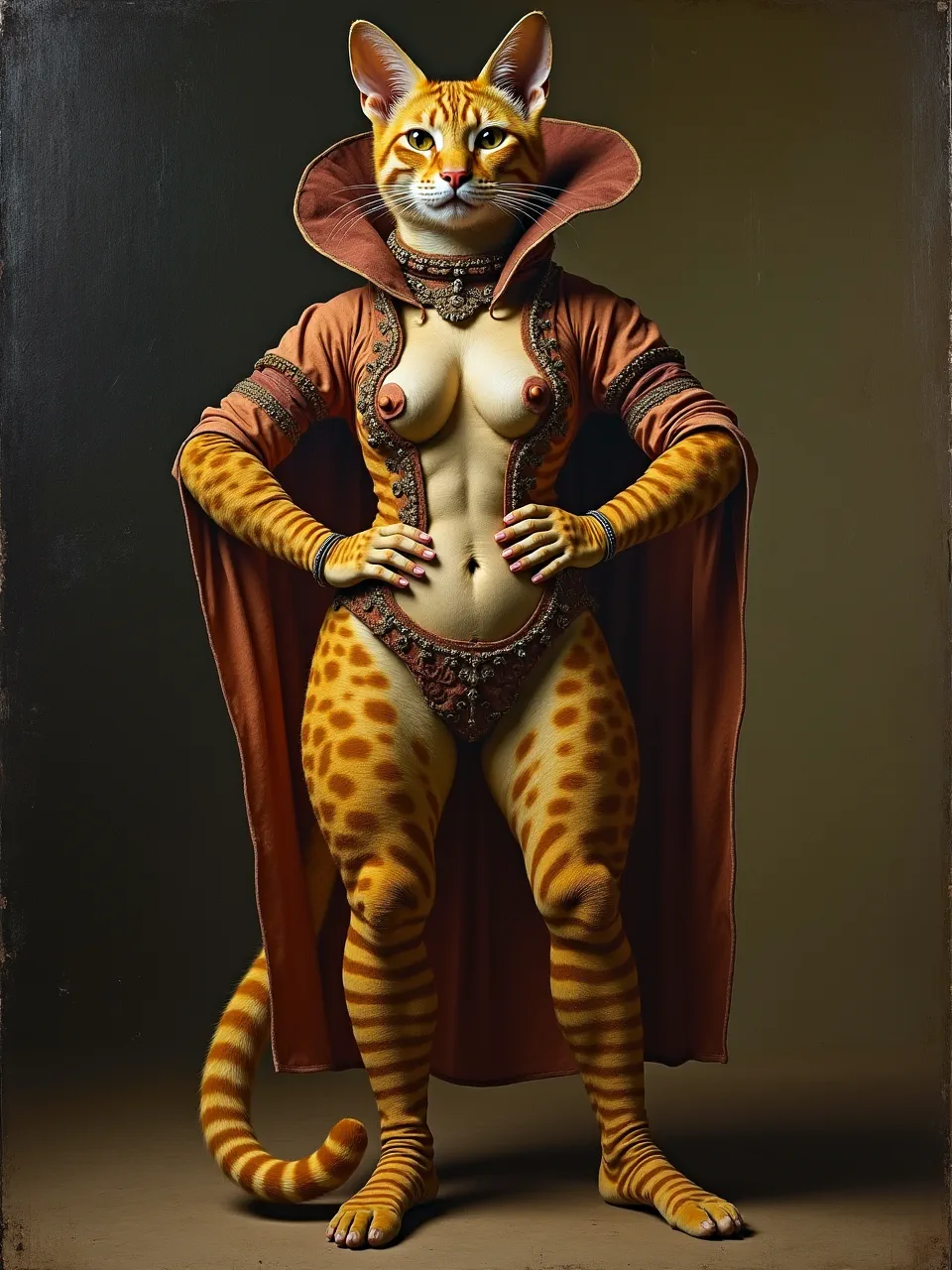 This Giuseppe Arcimboldo-inspired Catwoman oil painting; superb lighting highlights intricate fur and costume textures, creating a striking blend of classical and modern art.