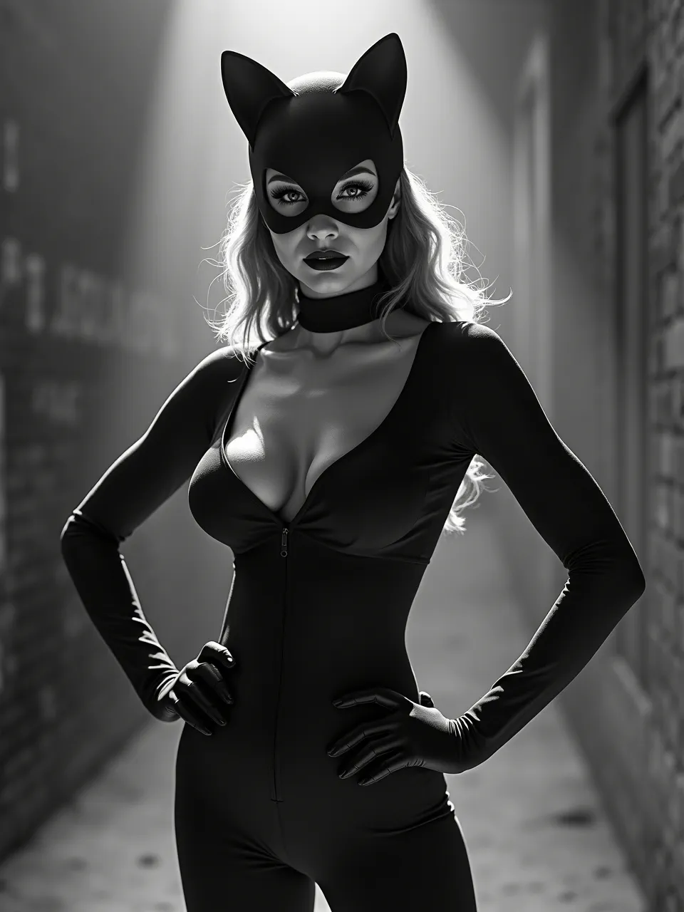 This Gjon Mili-inspired Catwoman generation captivates with dramatic black and white photography lighting, highlighting sleek costume textures against a shadowy alley, perfect for stylized art.