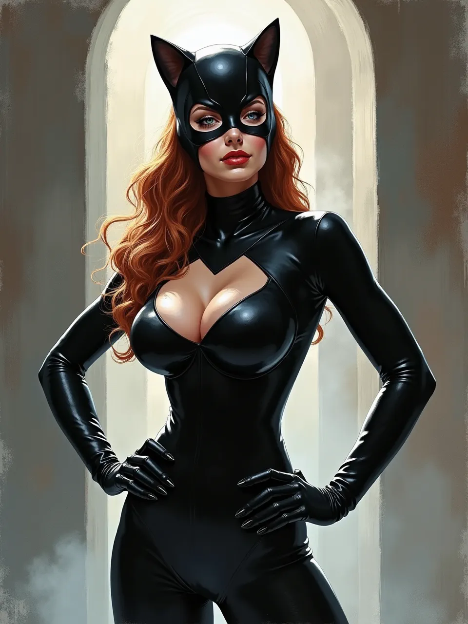 This Glenn Fabry-style Catwoman digital painting expertly showcases dramatic lighting, glossy latex textures, and realistic rendering. This vibrant comic art perfectly captures her iconic look.