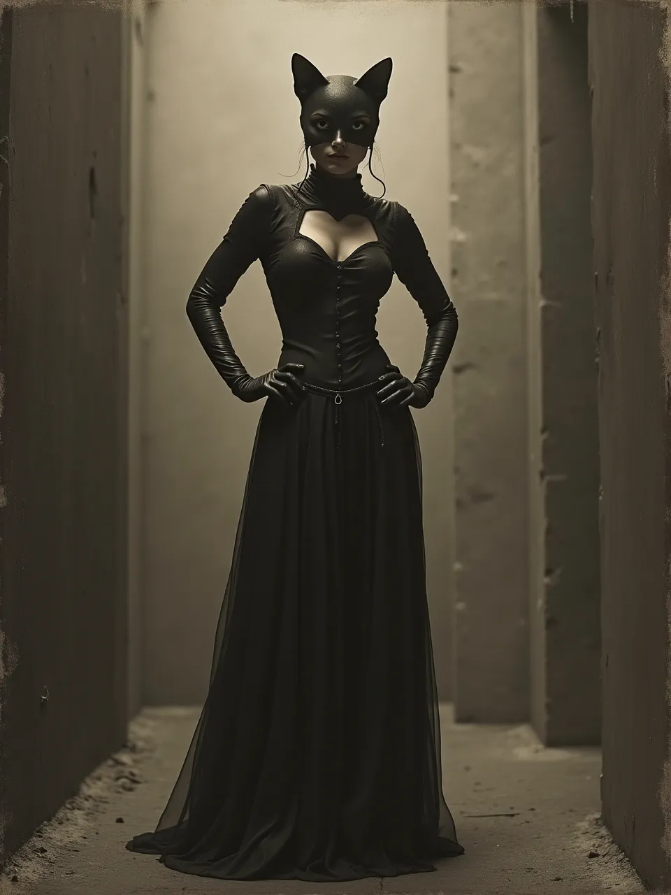 This Catwoman generation channels Godfried Schalcken's mastery. Dramatic chiaroscuro lighting illuminates rich textures—gleaming leather, flowing fabric—in an evocative oil painting style.