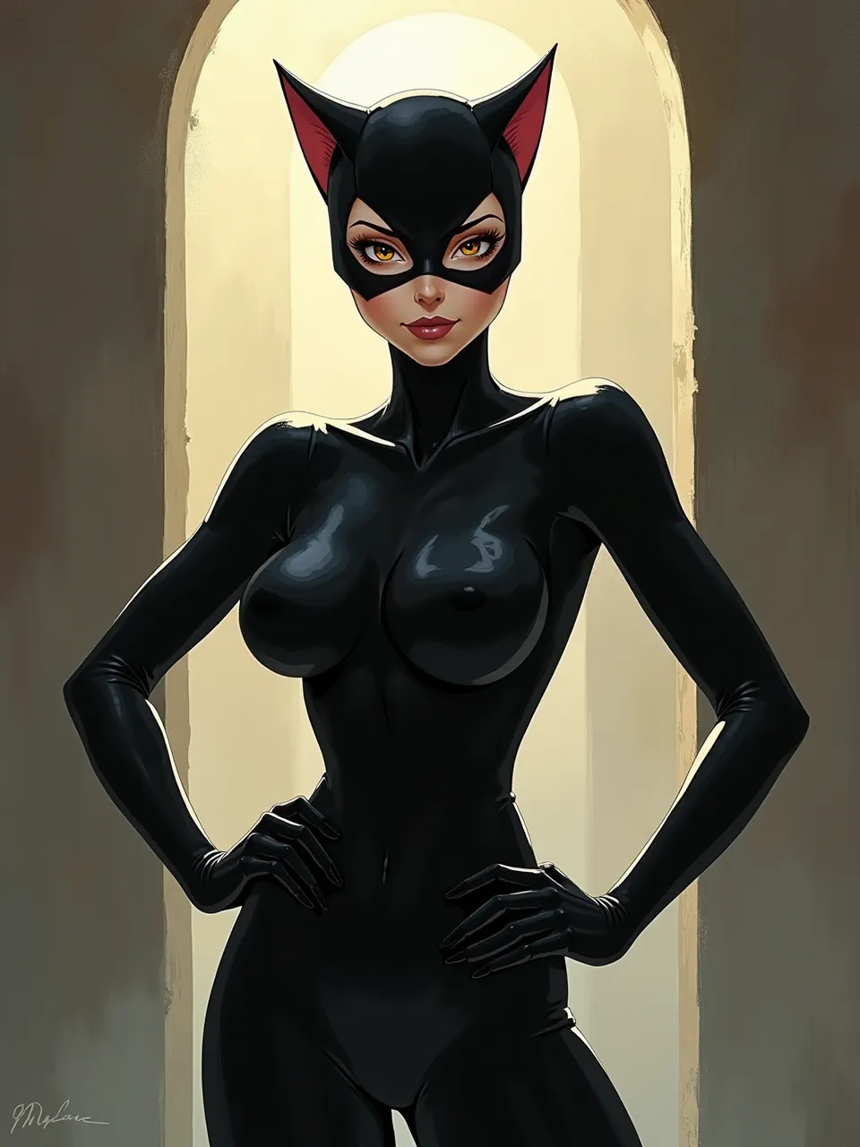 This vibrant Goro Fujita digital painting of Catwoman, where dramatic lighting accentuates the glossy suit textures. This striking artistic medium creates a captivating, iconic visual.