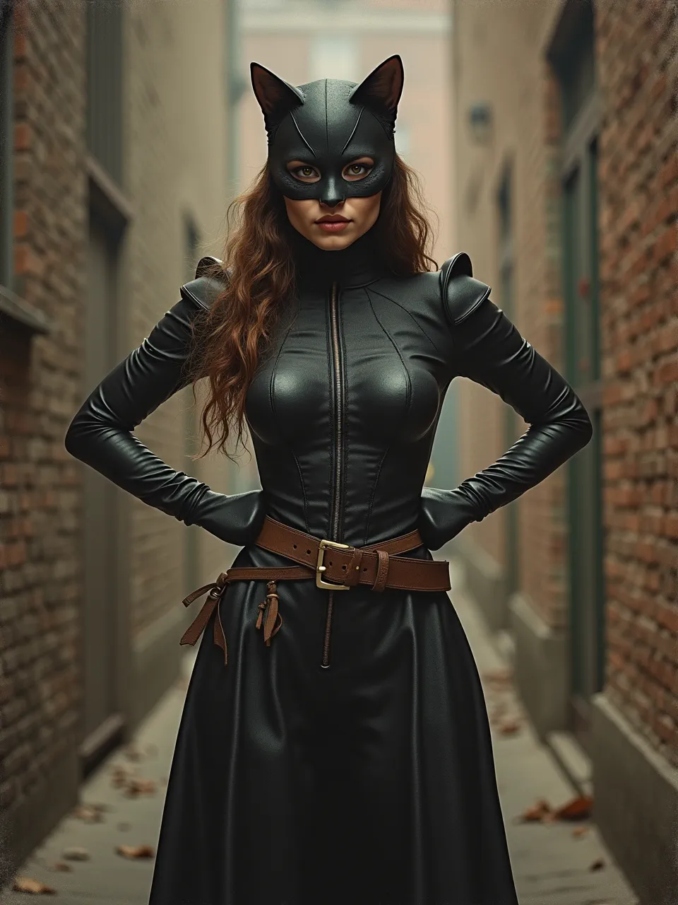 This AI-generated image masterfully portrays Catwoman with Govert Flinck's dramatic chiaroscuro lighting, accentuating her rich leather textures. A compelling blend of classic painting techniques and digital artistry.