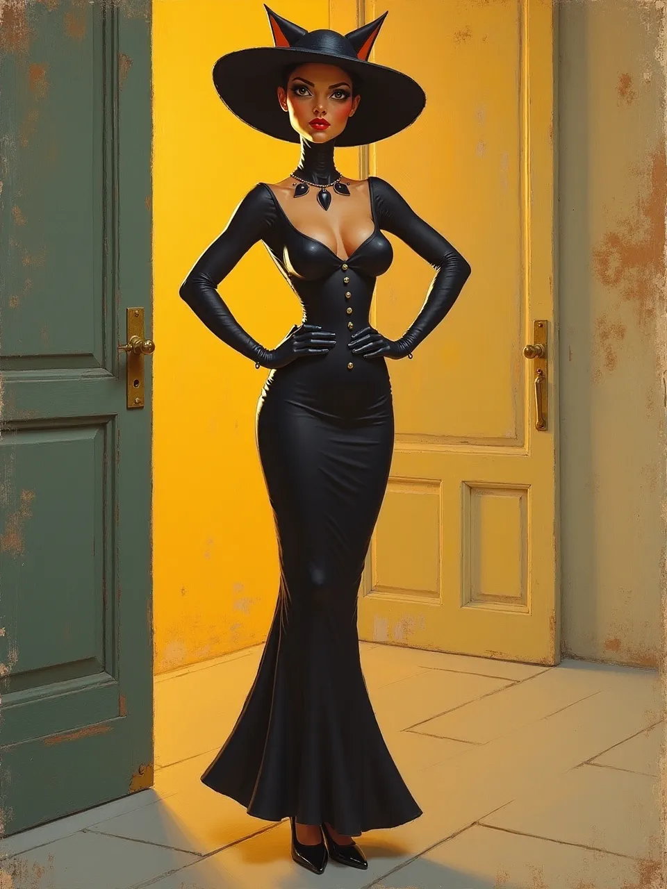 This striking Catwoman AI image, influenced by Grace Cossington Smith's vibrant style, features bold lighting, sleek textures, and a distinctive Post-Impressionist digital artistic medium, capturing her allure.