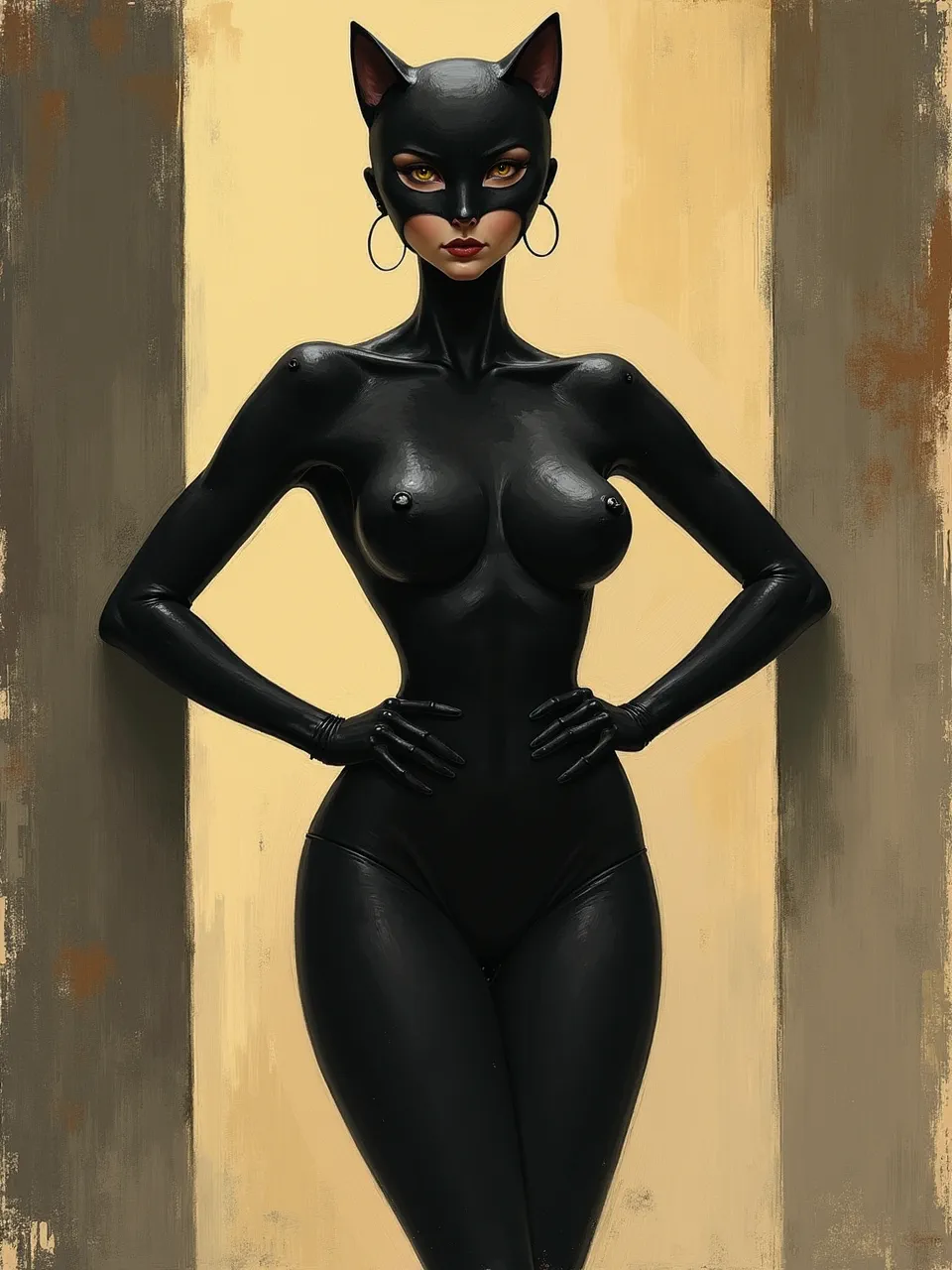 This Flux AI Catwoman generation channels Graham Sutherland's stark style. Dramatic lighting emphasizes glossy latex textures against a painterly oil medium, crafting a compelling digital artwork.