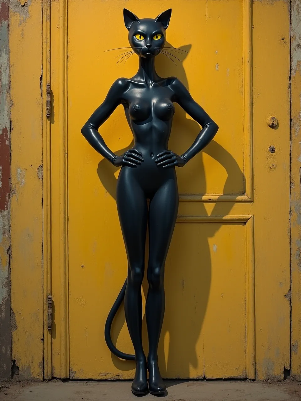 Flux AI's Catwoman, in Grant Wood's style, boasts stark lighting accentuating glossy textures against a rustic door. Digital painting captures a regionalist aesthetic.