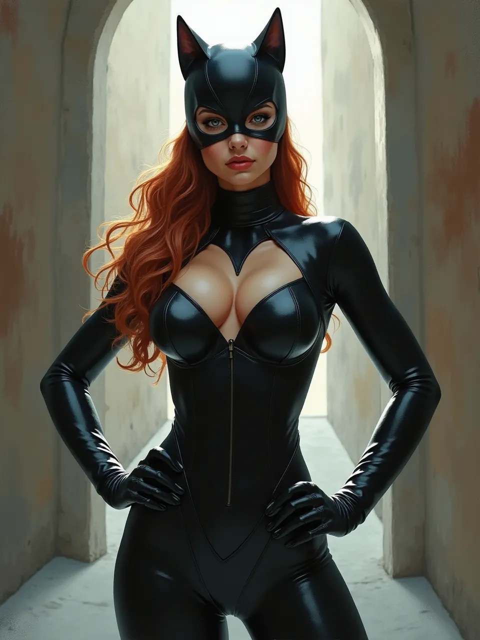 This stunning AI-generated Catwoman art in Greg Rutkowski's style features intense lighting, emphasizing glossy latex textures and vibrant hair within a captivating digital painting, embodying heroic fantasy.