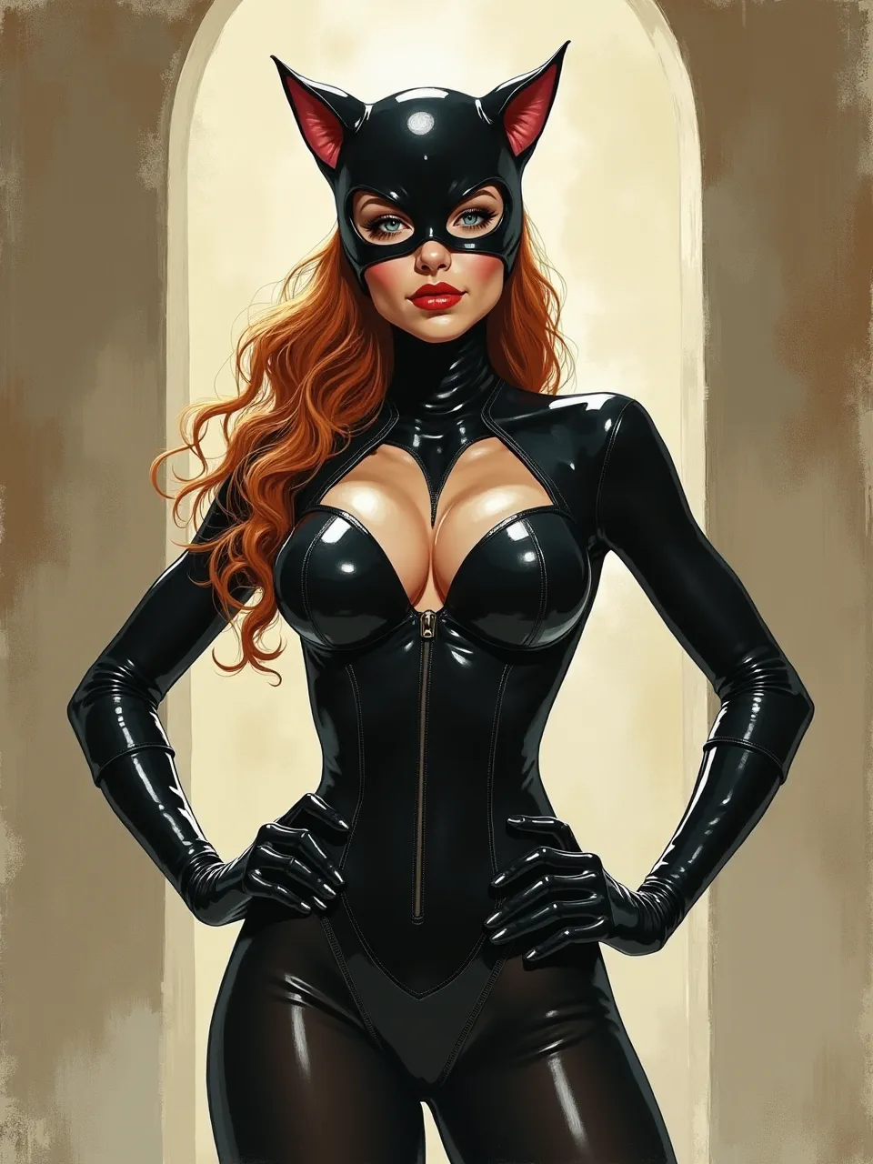 Greg Simkins' vibrant Catwoman digital painting captivates with exquisite lighting, glossy latex textures, and a dynamic artistic medium, enhancing her iconic suit's detailed realism.