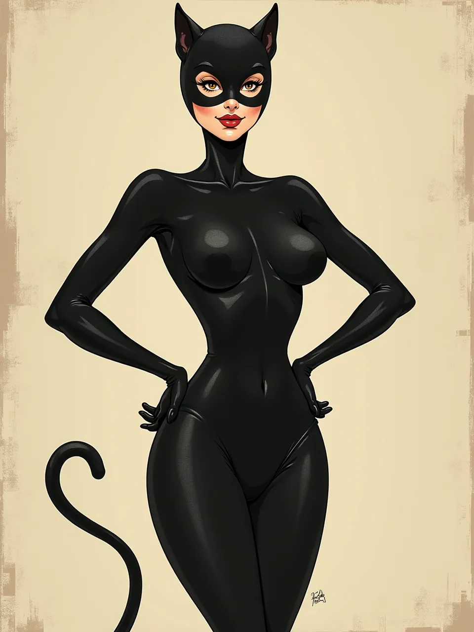 This Grégoire Guillemin style Catwoman digital illustration masterfully uses bold lighting to highlight glossy latex textures, creating an iconic pop art aesthetic. A vibrant, retro artwork for fans.
