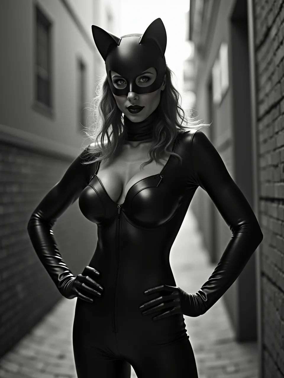Gregory Crewdson's cinematic lighting sculpts this AI Catwoman generation. Dramatic black-and-white textures highlight her glossy suit, evoking mysterious digital photography.
