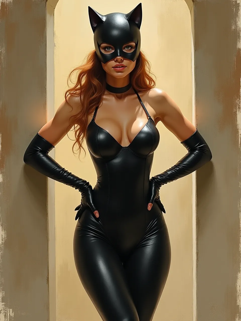 This Flux AI image features Catwoman, exquisitely rendered in Gregory Manchess's signature oil painting style. Dynamic lighting accentuates the sleek, reflective textures of her suit, showcasing rich digital artistry and.