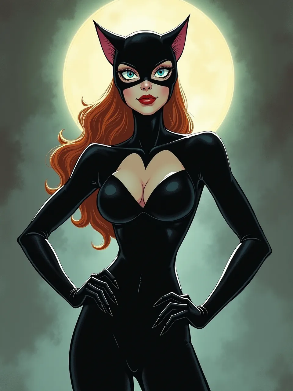 Gris Grimly's stylized Catwoman, a digital illustration. Dramatic moonlight enhances glossy suit textures and flowing hair, capturing vibrant comic art with exaggerated, bold features.