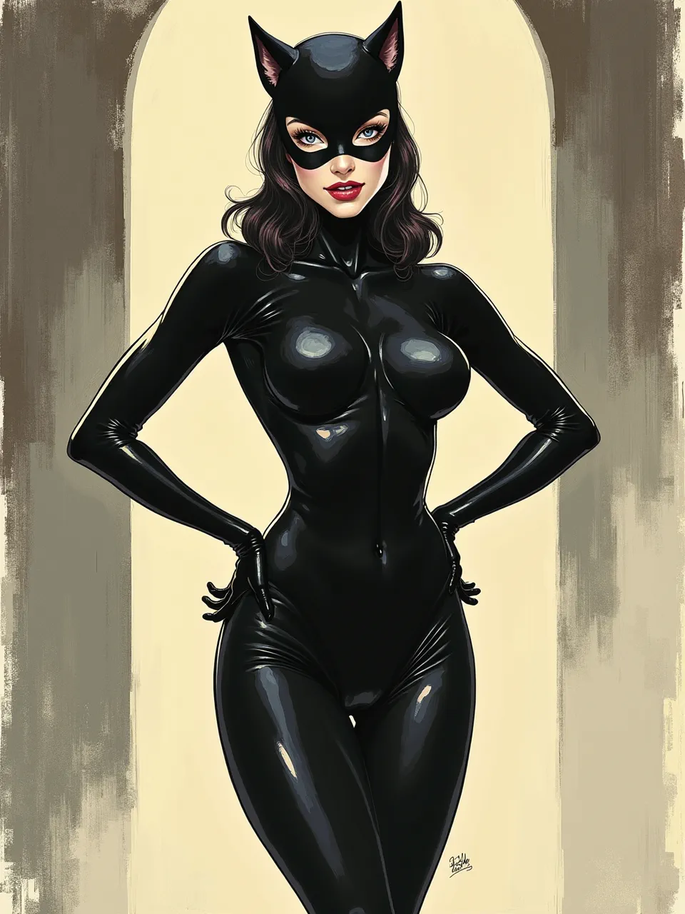 This Flux AI image presents a striking Guido Crepax-style Catwoman digital painting, highlighting dramatic lighting on her glossy catsuit's sleek textures, epitomizing bold comic art medium.
