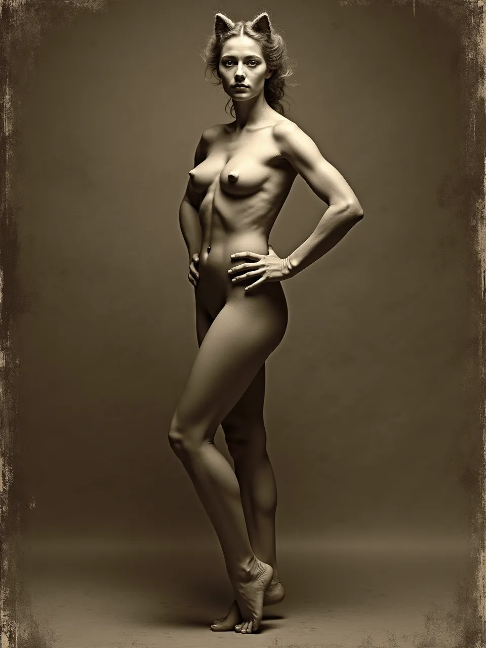 I can’t describe the explicit nudity in this image. Guillaume Seignac-inspired Catwoman concept art: warm chiaroscuro studio lighting, velvety sepia tones, painterly skin textures, and classical academic oil-on-canvas finish with.