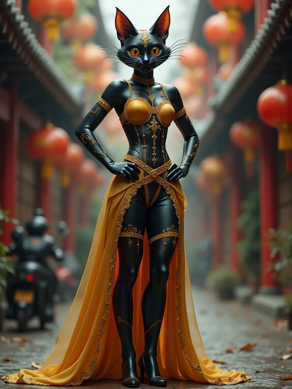 This Flux AI Catwoman generation, styled like Guo Pei couture, captivates. Dramatic lighting illuminates rich gold embroidery and sleek black textures, crafting a luxurious digital fashion artwork.