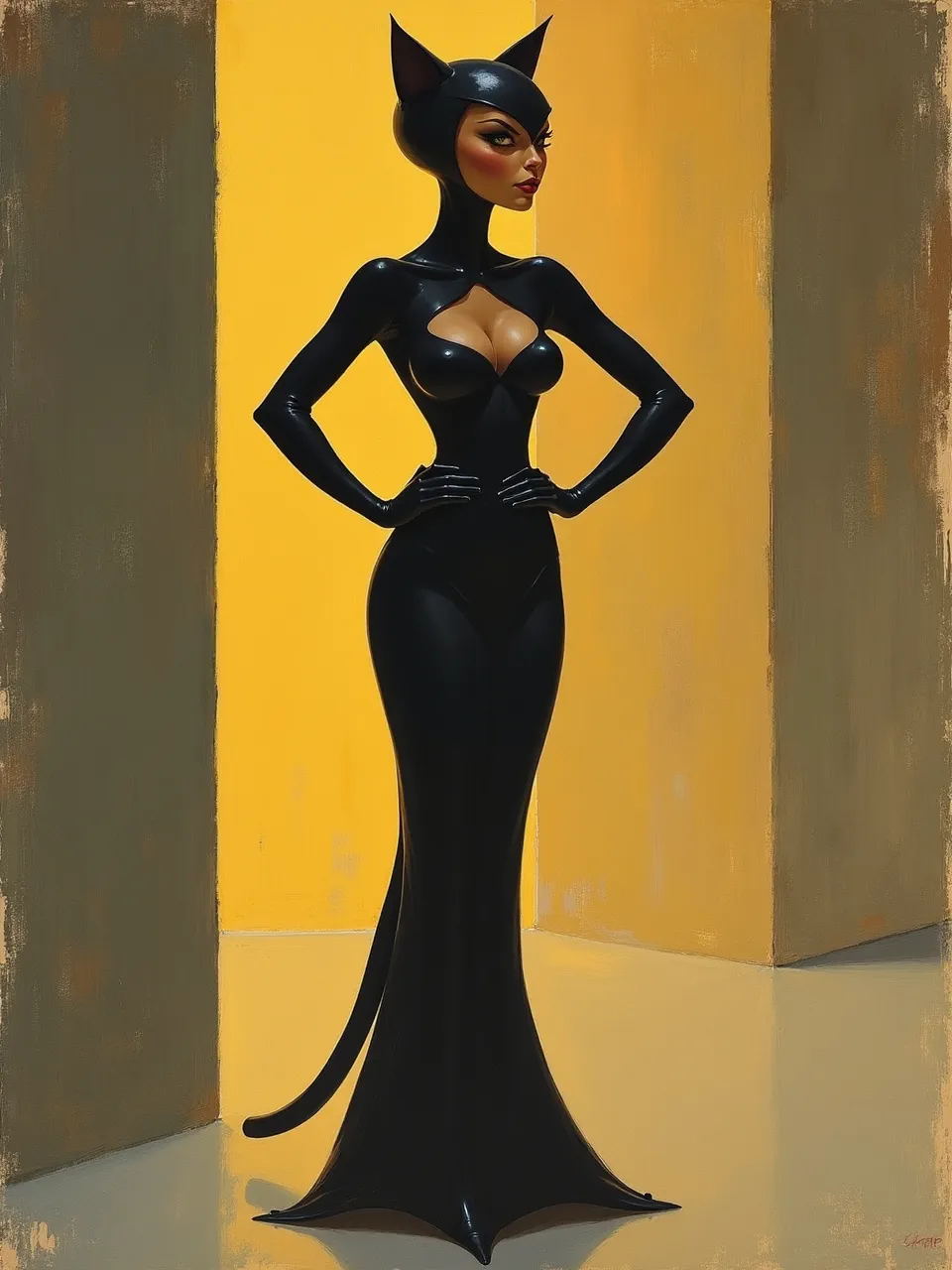 Gustaf Tenggren's style brings Catwoman to life in a digital oil painting. Dramatic lighting highlights glossy suit textures against rough, painterly walls, creating a captivating visual narrative.