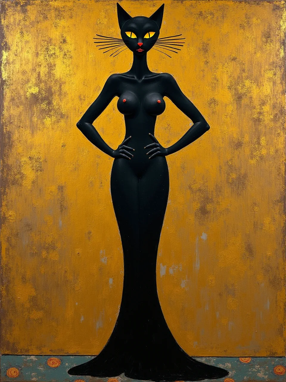 This striking Flux AI generation presents Catwoman in Gustav Klimt's opulent style. Dramatic lighting illuminates the richly textured, metallic gold leaf background contrasting with her smooth, matte black form, captured.