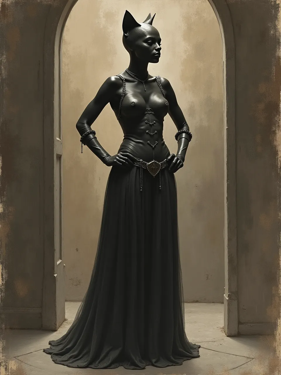 This Catwoman generation in Gustave Dore's style masters chiaroscuro lighting, highlighting glossy leather and flowing fabric textures in a dramatic, high-contrast AI engraving evoking classic illustration.